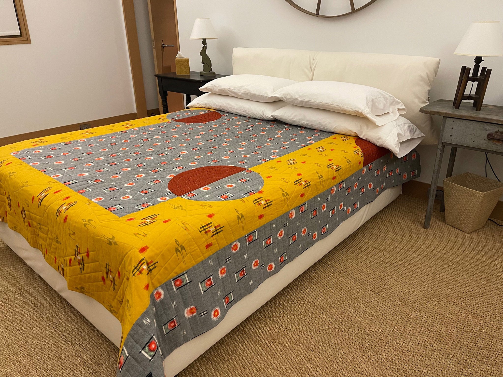 Queen-sized quilt made with ikat-woven kimono wool from Okan Arts