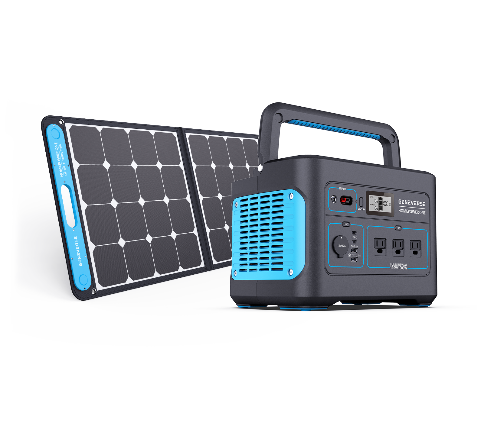Geneverse Solar Generator , Emergency Power Supply For Your Home, 1X Battery (1000W/2000W) + 1X 100W Solar Panel