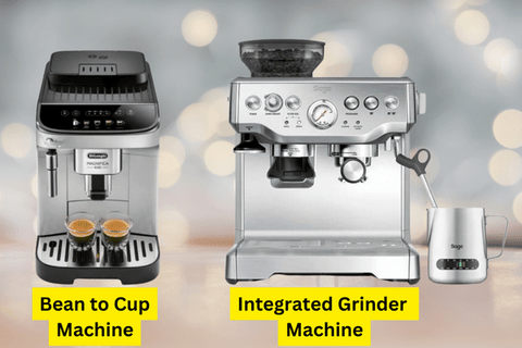 Photo of a bean to cup coffee machine and an integrated grinder espresso machine.