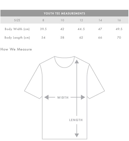 Youth t-shirts 8-16 size guide