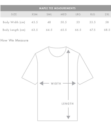 Maple t-shirt size guide