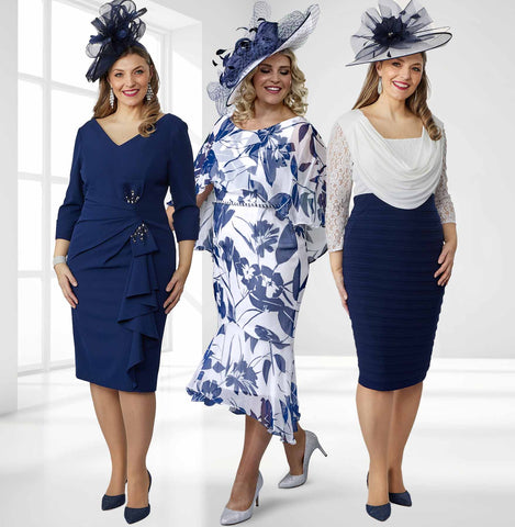 Dressed Up by Veromia Collection three models wearing navy and white mothers of the bride or groom dresses with hats