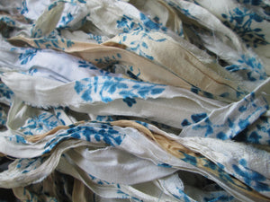 NEW Retro Print Blue/White/Ivory Recycled Sari Silk Ribbon 5 - 10 Yards Yarn Jewelry Weaving Boho Mixed Media