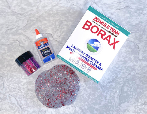 slime ingredients_glitter_clear glue_borax 