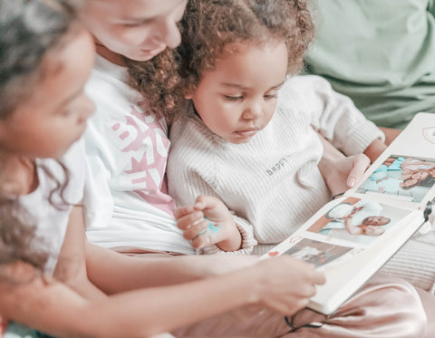 Mom and Kids Looking at a Photo Book Together on the Couch