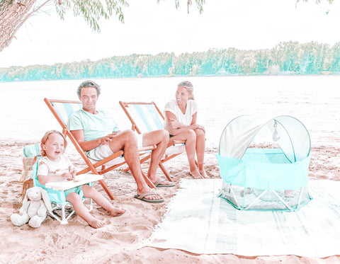Family Sitting Under Tree At The Beach Featuring the My Chair and the My Play Baby