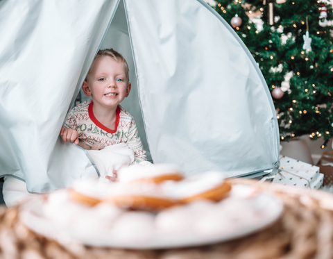 Boy on My Cot with Canopy Looking at Christmas Cookies