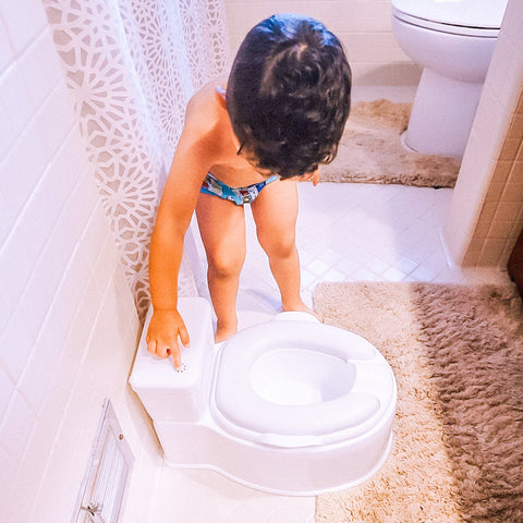 Little boy flushing toddler potty