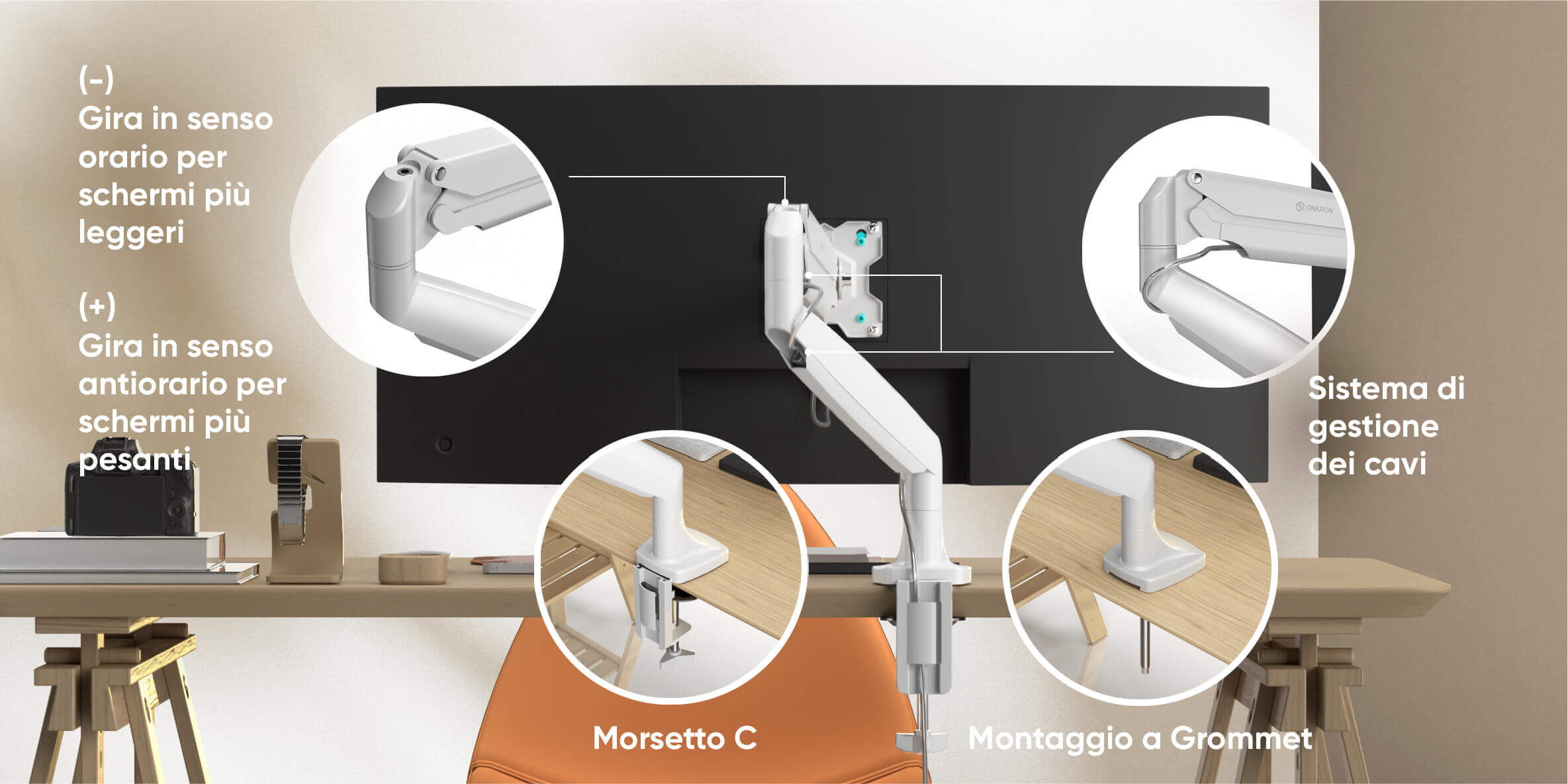 ONKRON Supporto monitor per scrivania da 13″-32″ fino a 9 kg, bianco G100-W