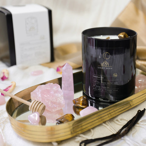LightSeed Embraced Candle Lit With Healing Crystals And Book