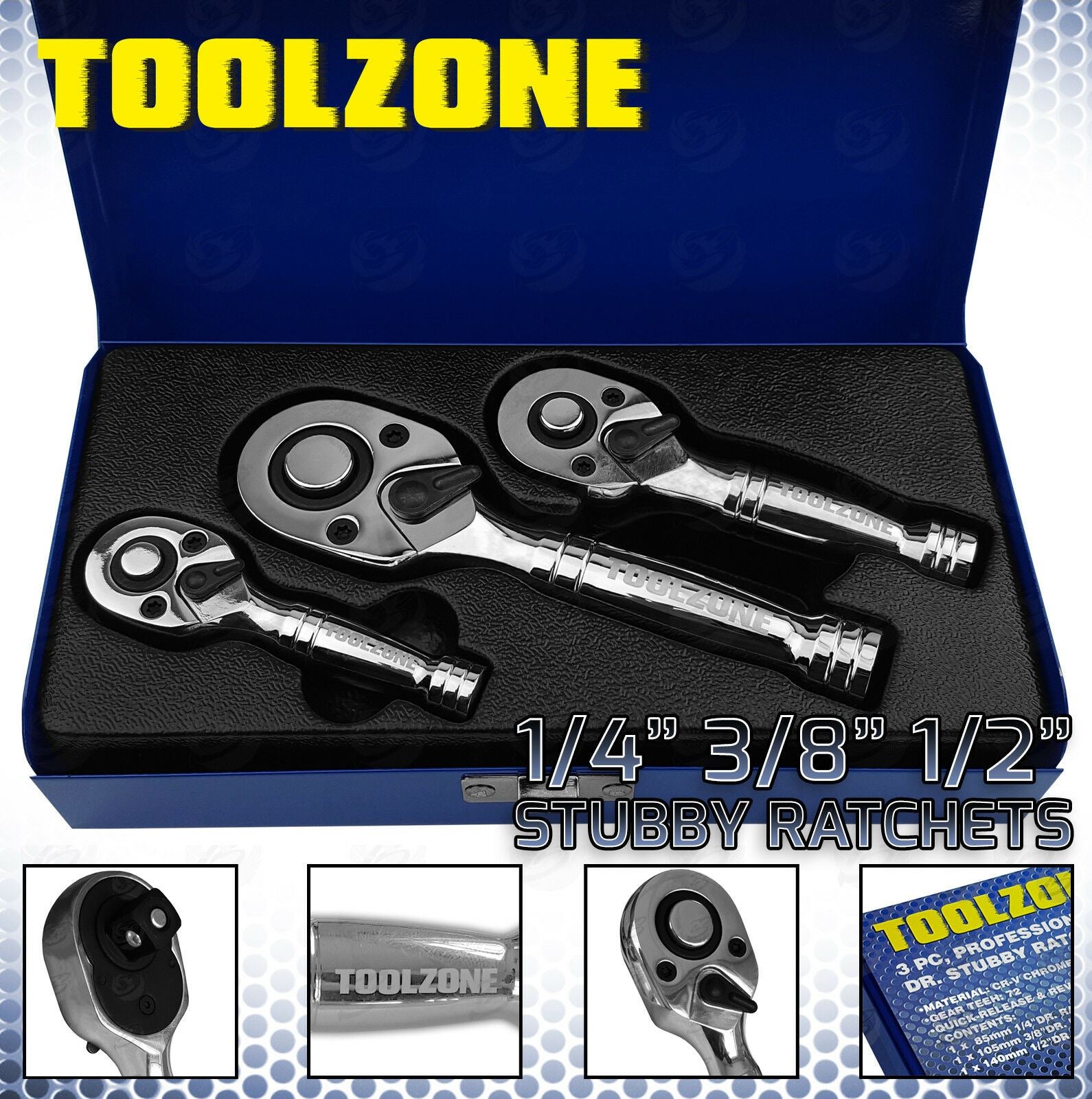 Toolzone 3pc Stubby Ratchet Handles 1 4 3 8 1 2 Drive Reversible So Berlin Tools