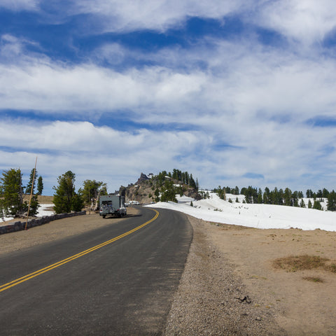 On the road in the rv on my way to Crater Lake RV Park