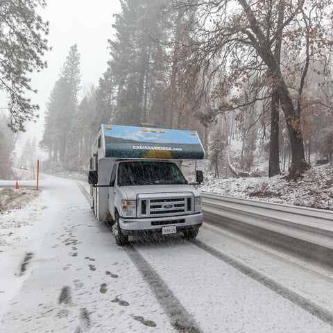 Snowy winter day on the road with the RV heading to Pomona RV Park 