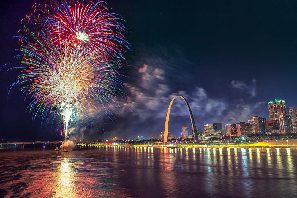 Fireworks Over St Louis Skyline Along Mississippi River at Gateway Arch National Park Missouri