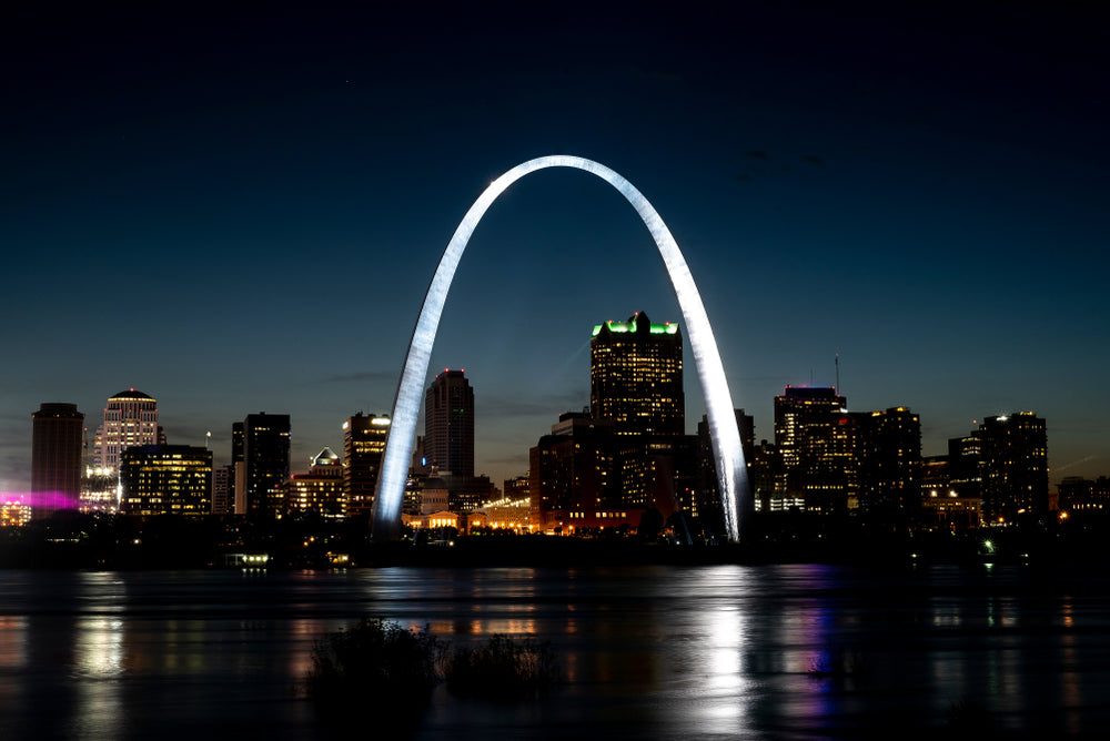Night Time View of St Louis Arch Along Mississippi River at gateway Arch National Park Missouri