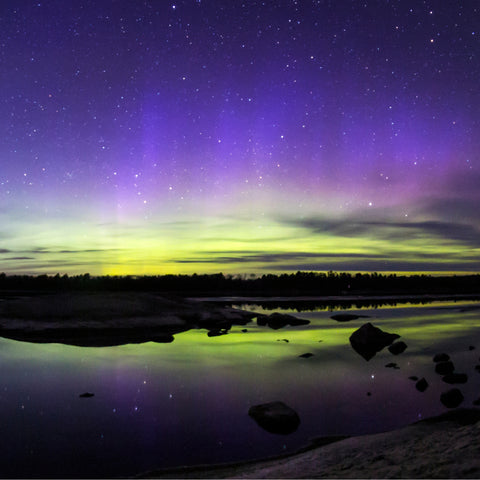 Northern lights shining over Ash River in Voyageurs National Park in Minnesota