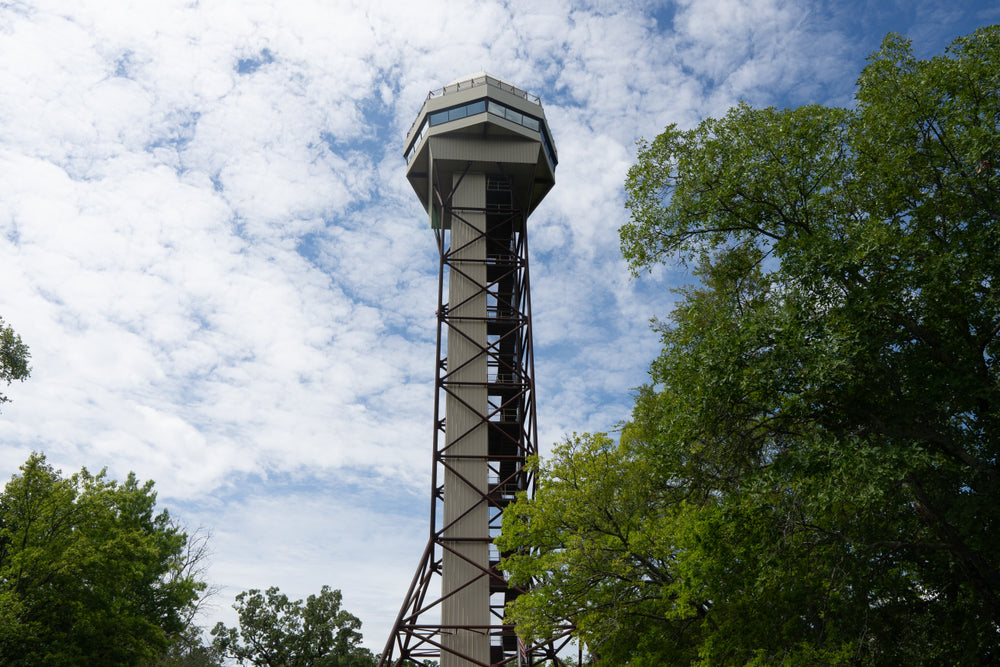 Observation Tower With Cloudy Blue Sky Backdrop in Hot Springs National Park
