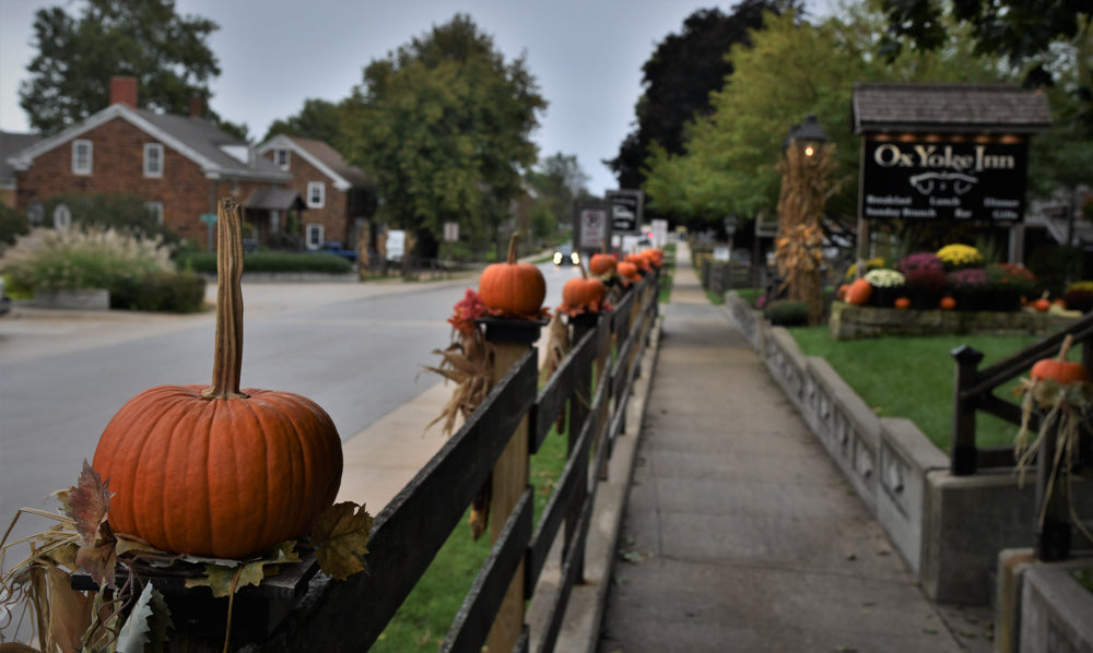 Pumpkins Decorated Streets and Wooden Fences of Amana Colonies Near Amana RV Park Iowa