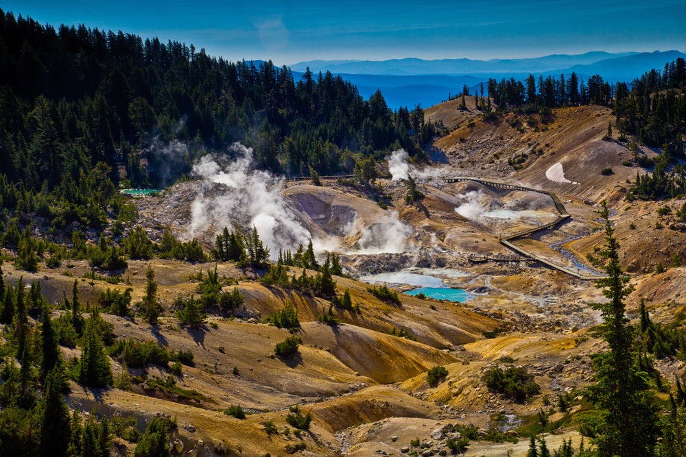 Sunny Day View of Bumpass Hell Boardwalk in Lassen Volcanic National Park California