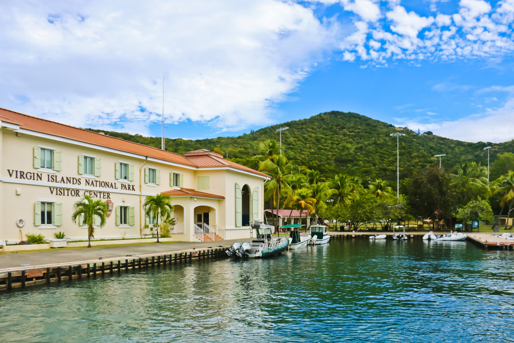 View of Harbor and Virgin Island National Park Visitors Center at US Virgin Islands of Saint John