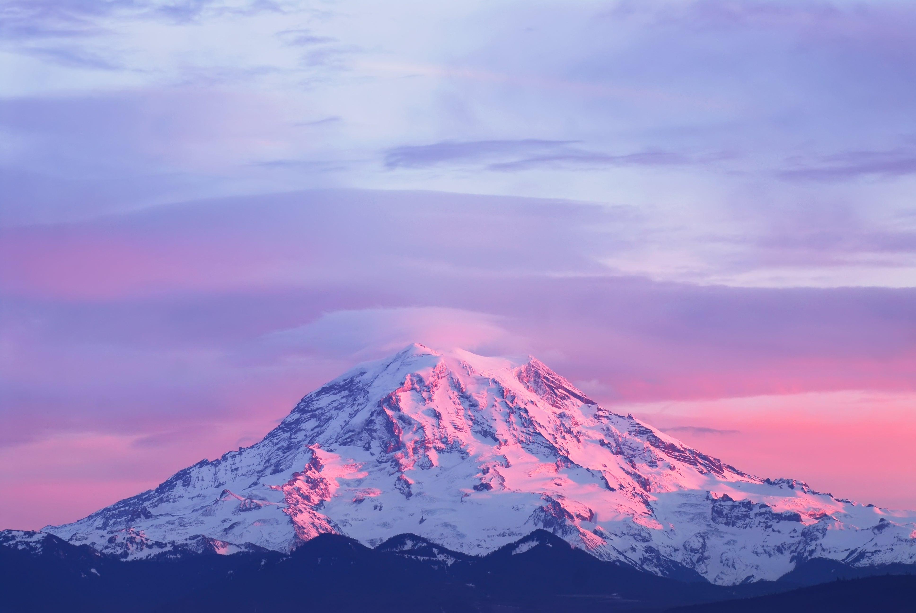 View of Mount Rainier With Pink Sunset in The Cascade Range Washington