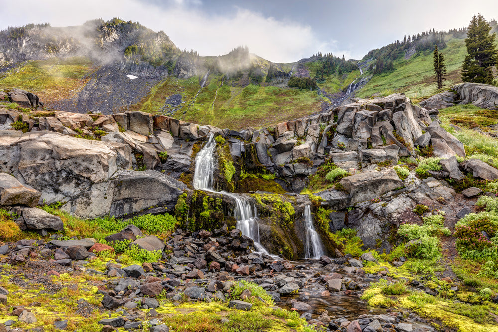 View of Natural Cascades in the Alpine Wilderness of Mount Rainier National Park Washington