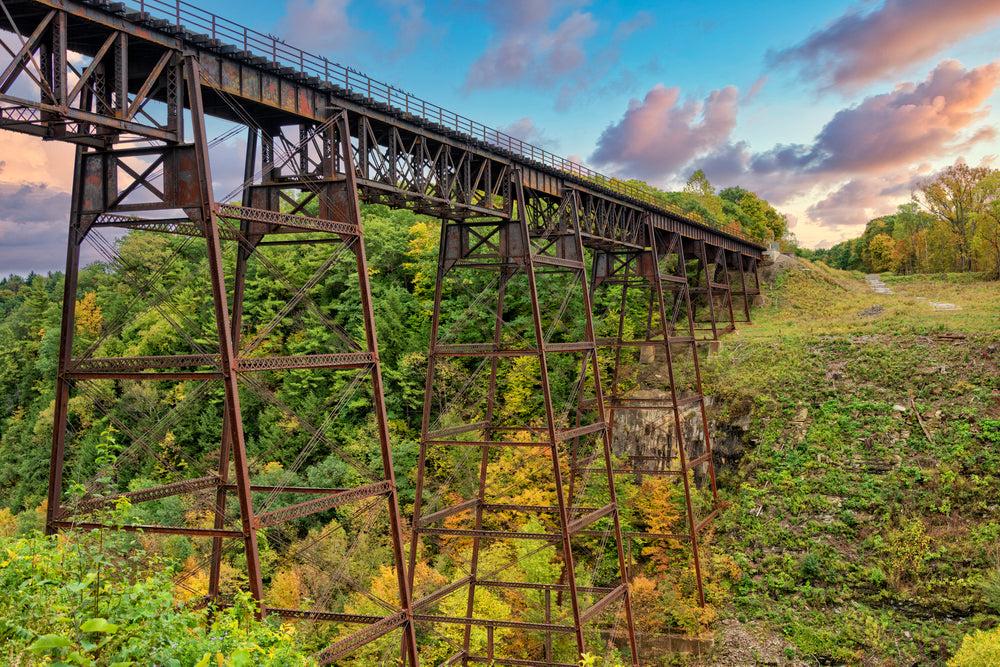 View of old railroad trestle spanning through Letchworth State Park in New York