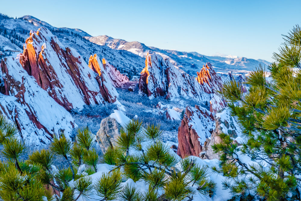 View of Sunny Day of Snow Capped Red Rocks at Roxborough State Park Colorado