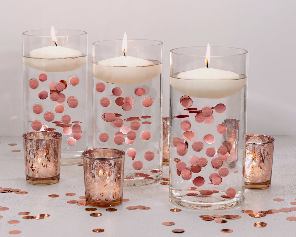 "Floating" Metallic Rose Gold Confetti Set with Option of Submersible Fairy String Lights - Vase Decorations & Table Scatter