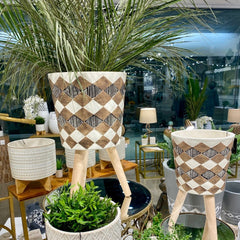 wood inlay and ceramic planter stands