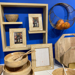 Natural wood frames and wooden serving bowls