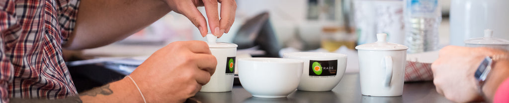 Hands working with a tea cupping set for a class