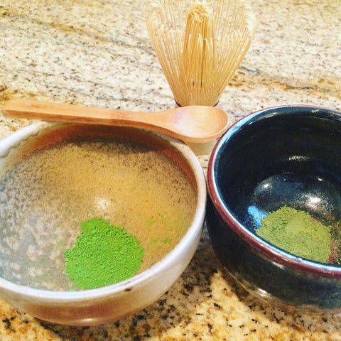 Matcha Imperial Japanese Green tea in a bowl next to regular matcha tea in a bowl