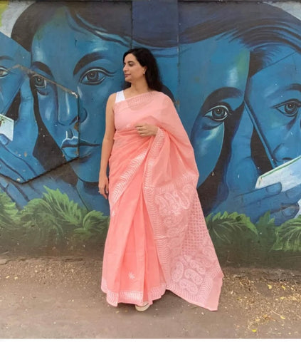 peach chikankari saree