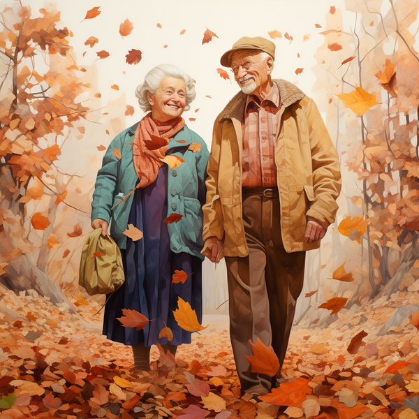 Elderly couple walking amongst the autumn leaves discussing fall prevention
