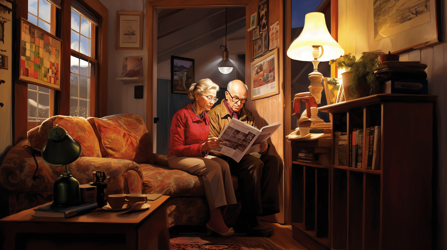 elderly couple reading about home safety which is now a priority for them as they age in place