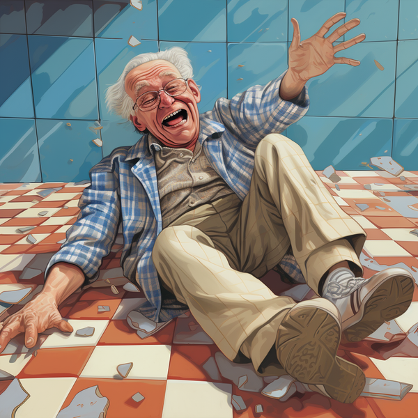 Elderly man who has slipped on wet tiled shower floor that does not have grab bars