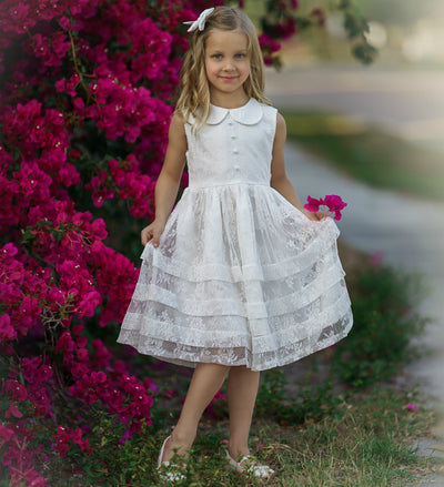 Mikayla Lace Flower Girl Dress Off White Think Pink Bows