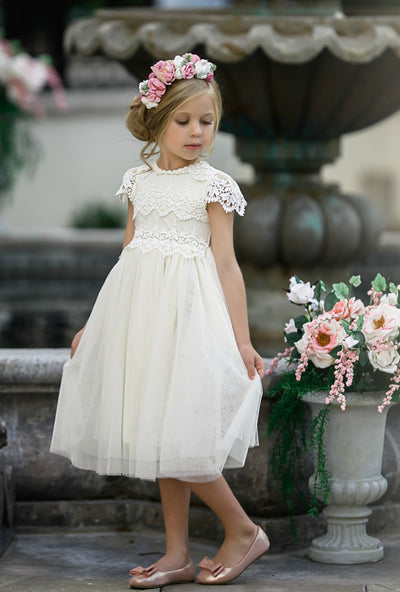 Luciana Cap Sleeve Lace Flower Girl Dress Ivory – Think Pink Bows