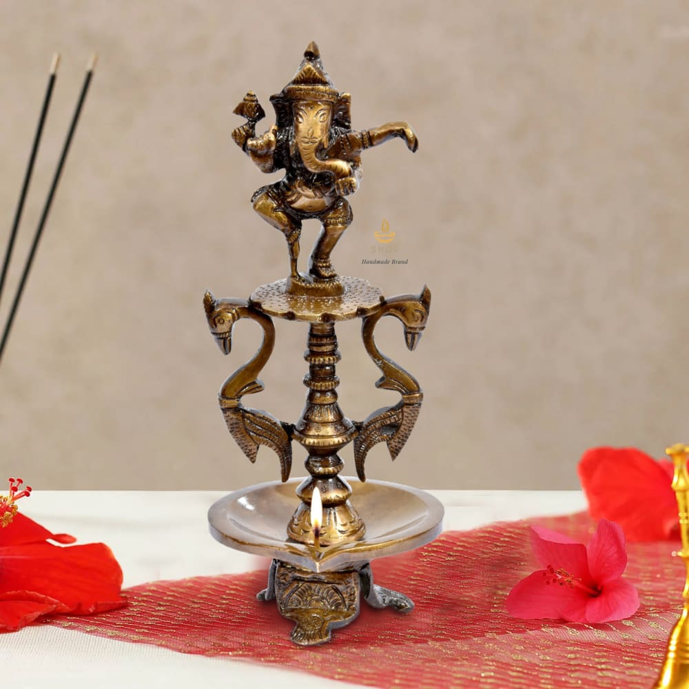 Brass Dancing Ganesha Oil Diya with Base (Antique Gold) – Deeps shop