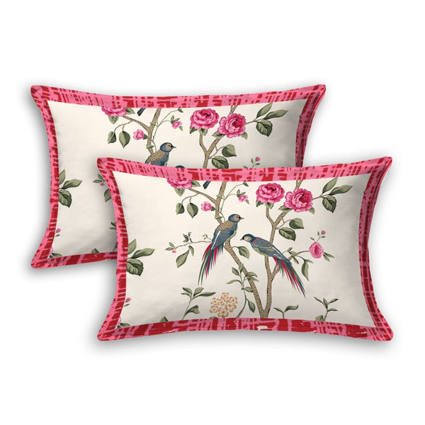 Floral Bird Design Pink multi Color Bedsheet Set (2 Pillow 