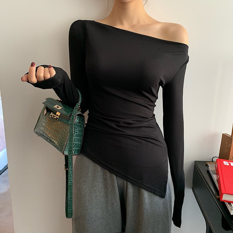 Solid Asymmetrical Off Shoulder Skew Top