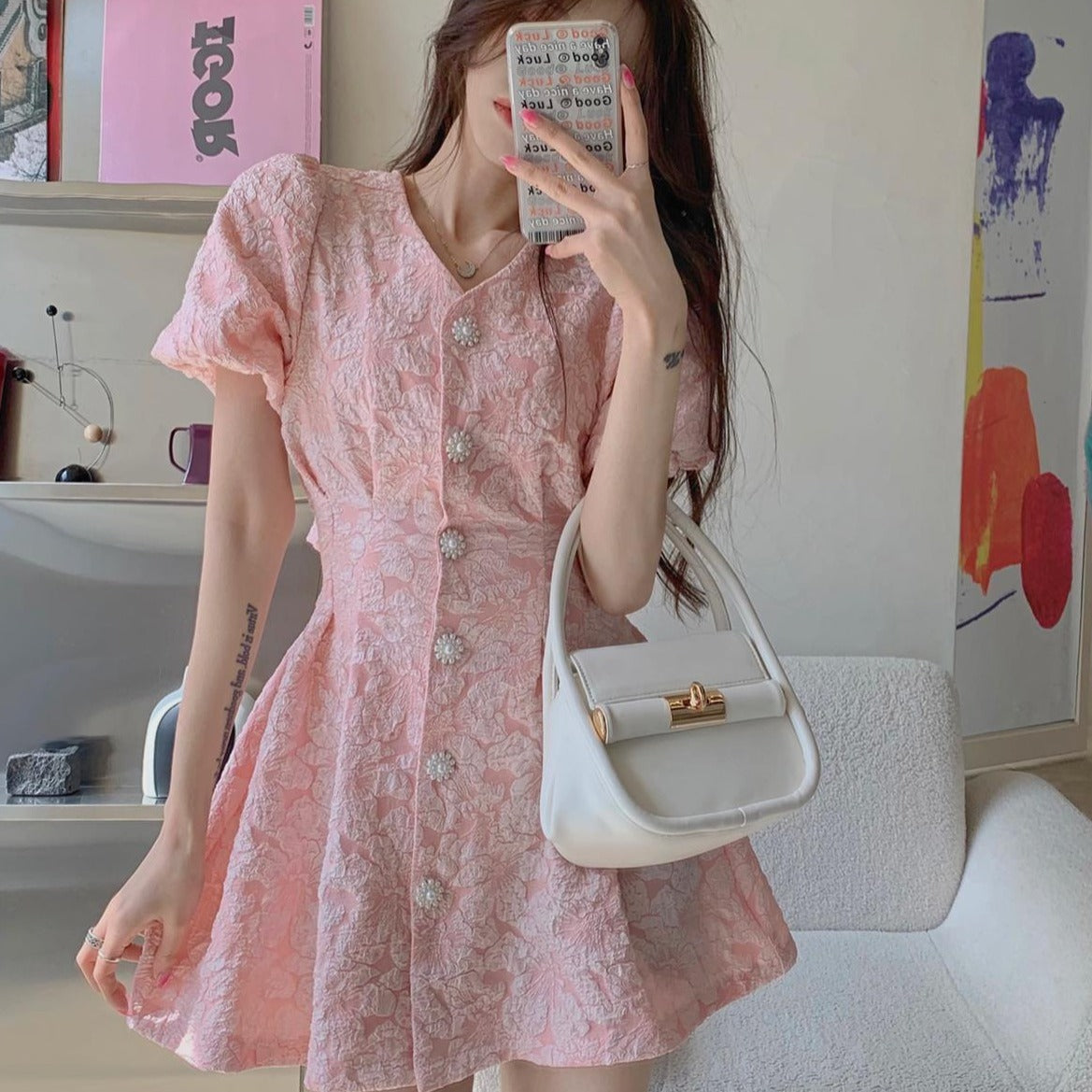 Vintage Puff Sleeve Button-Up Backless Mini Dress