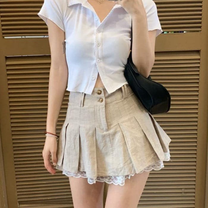 Y2K Pleated Lace Trim Khaki Mini Skirt