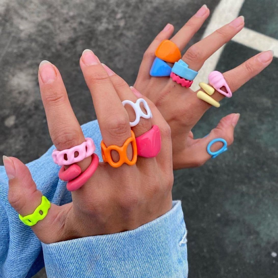 Y2K Geometric Shape Bright Colored Rings