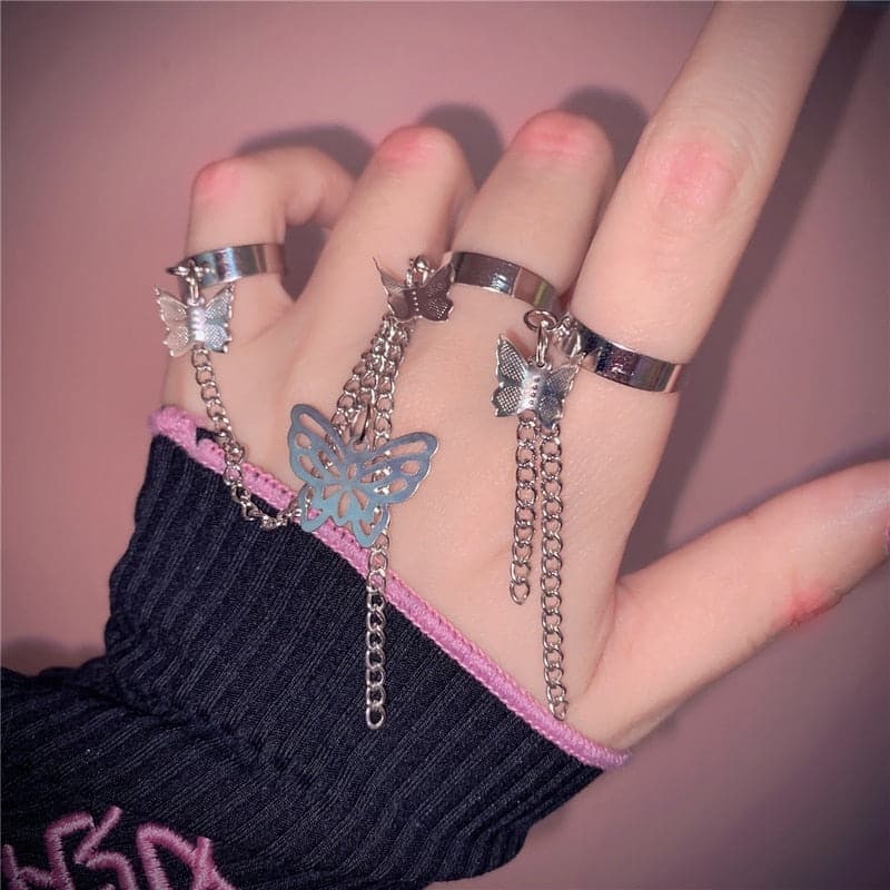 Silver Goth Butterfly Chain Ring