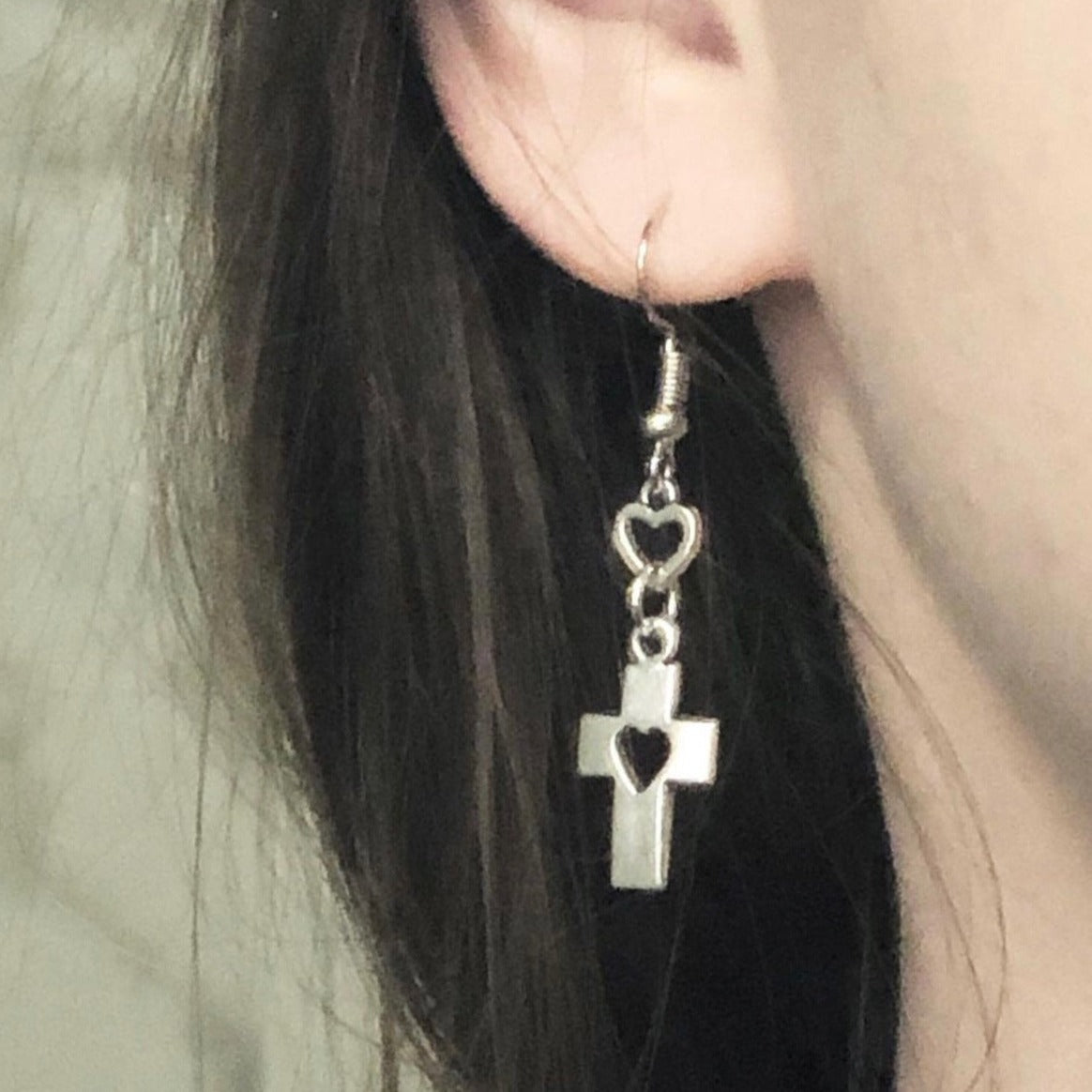 Goth Cross Heart Decor Dangle Earrings