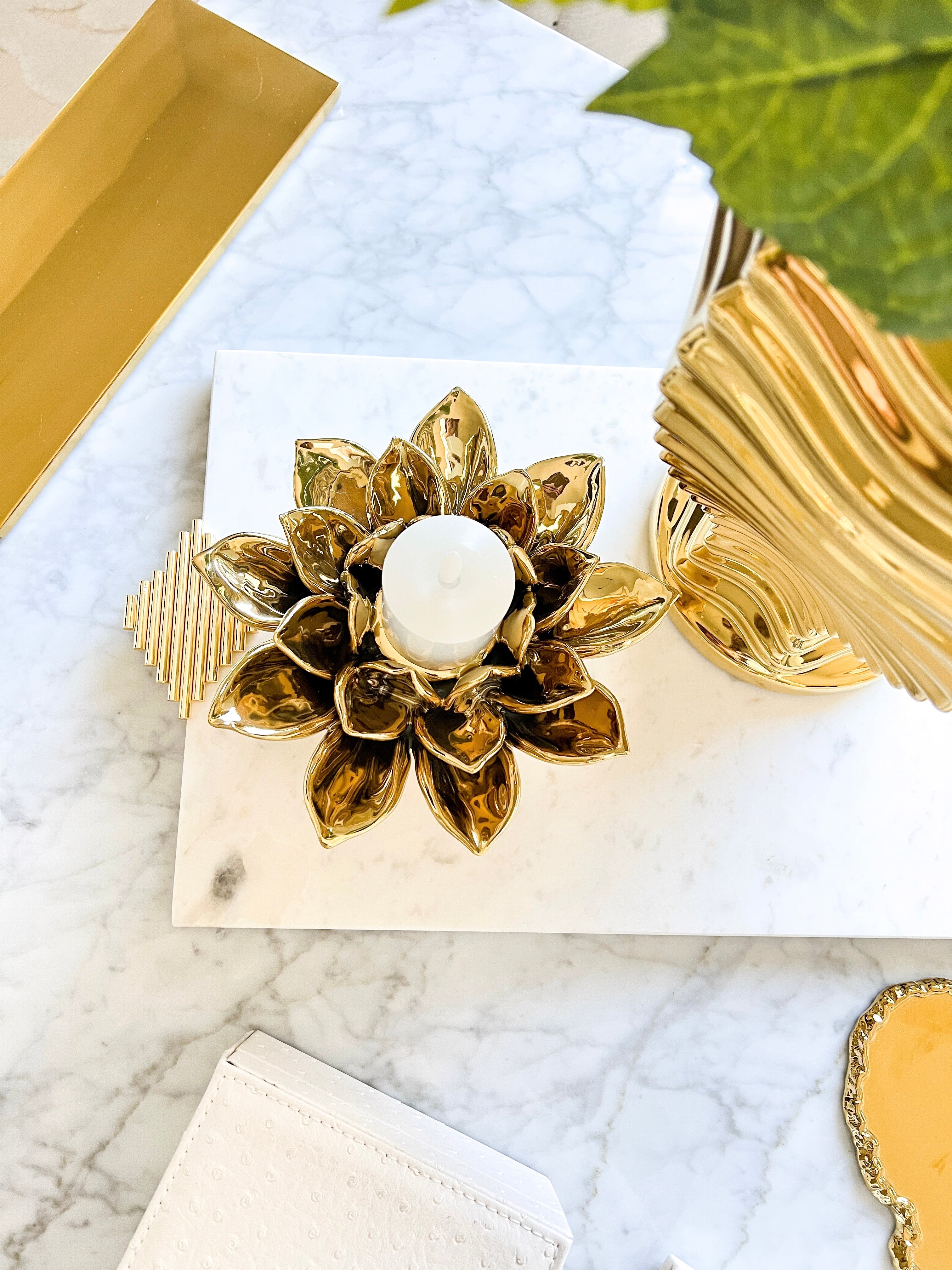 Gold Ceramic Candle Jar with Flower Detail Lid