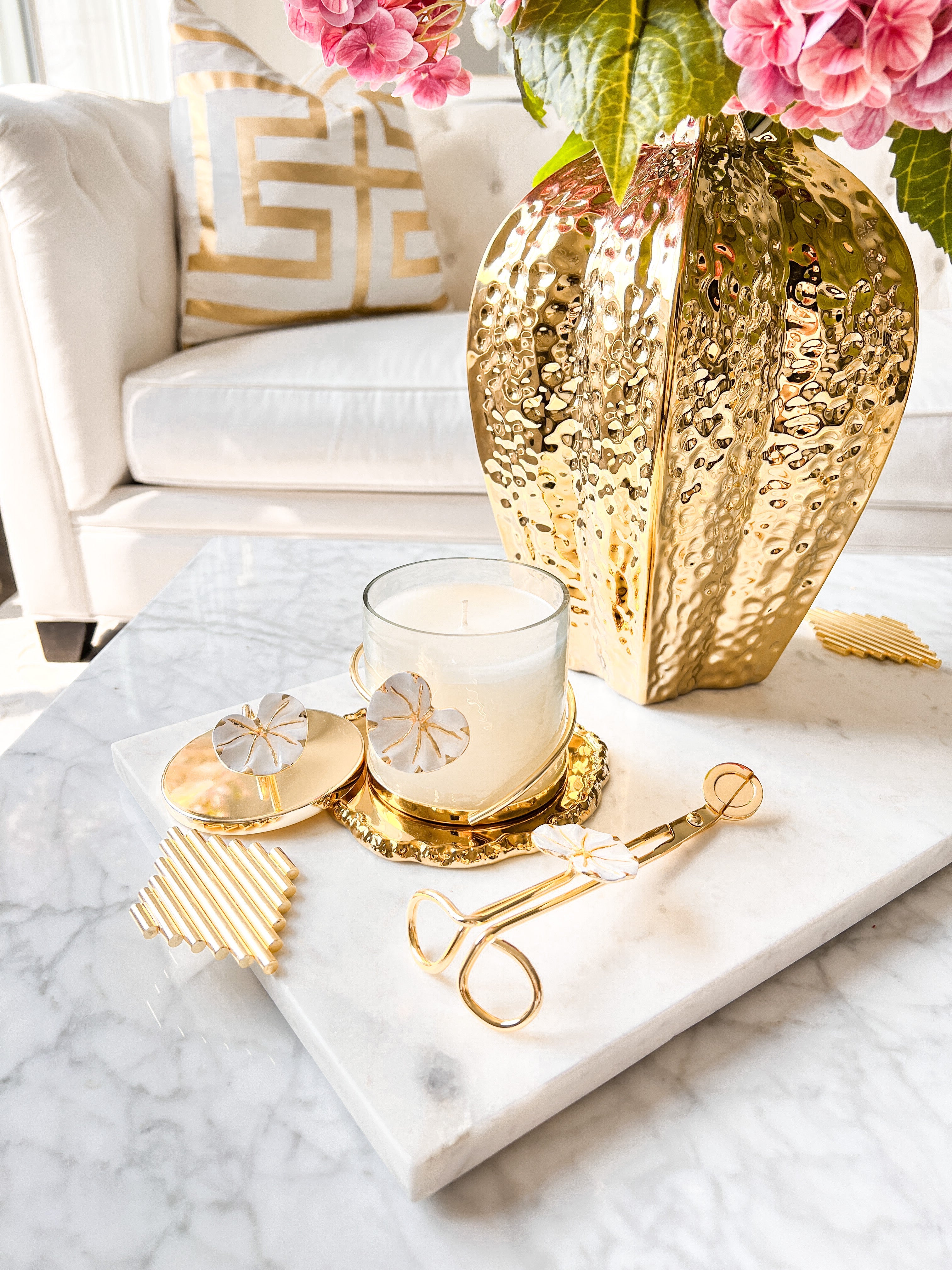 Gold Ceramic Candle Jar with Flower Detail Lid