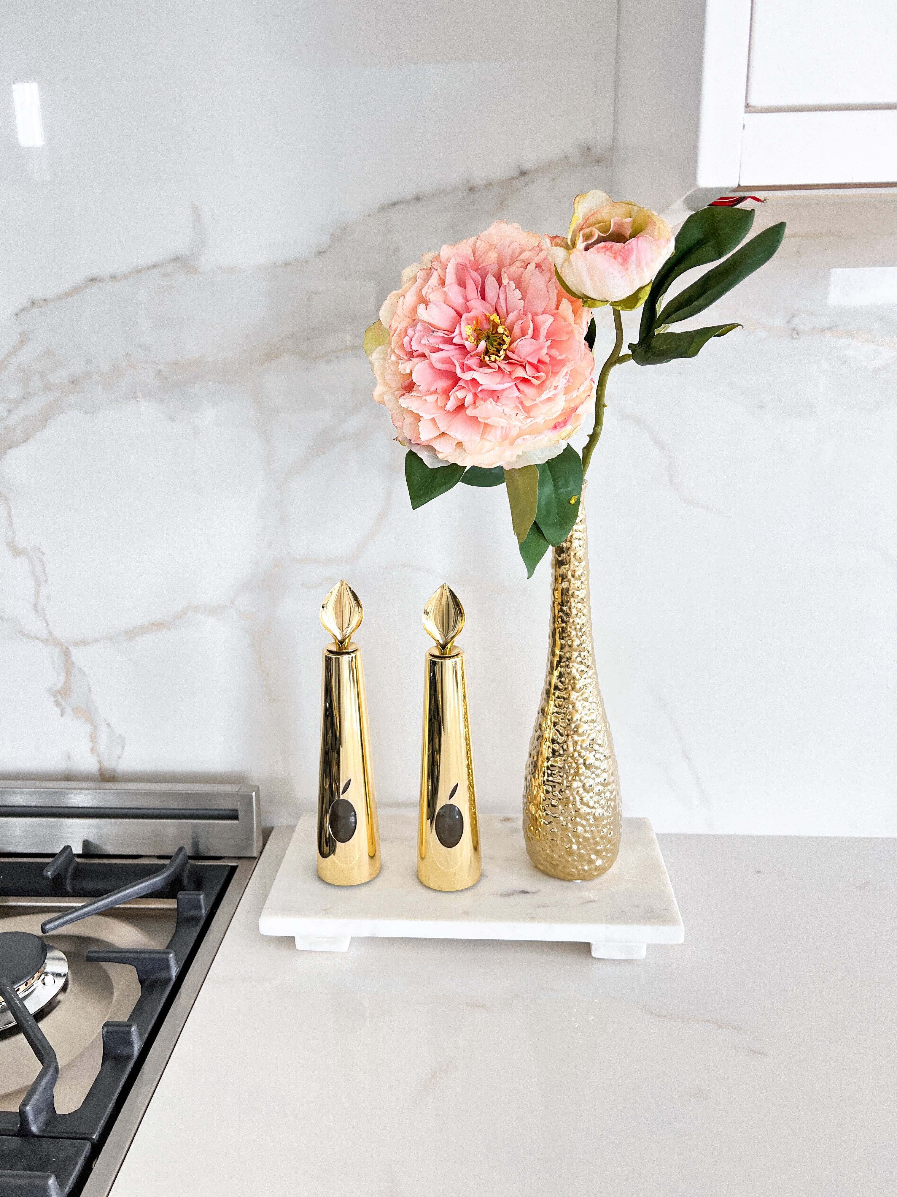 Gold Dotted Marble Soap Dispenser with Footed Tray (Set of 3)